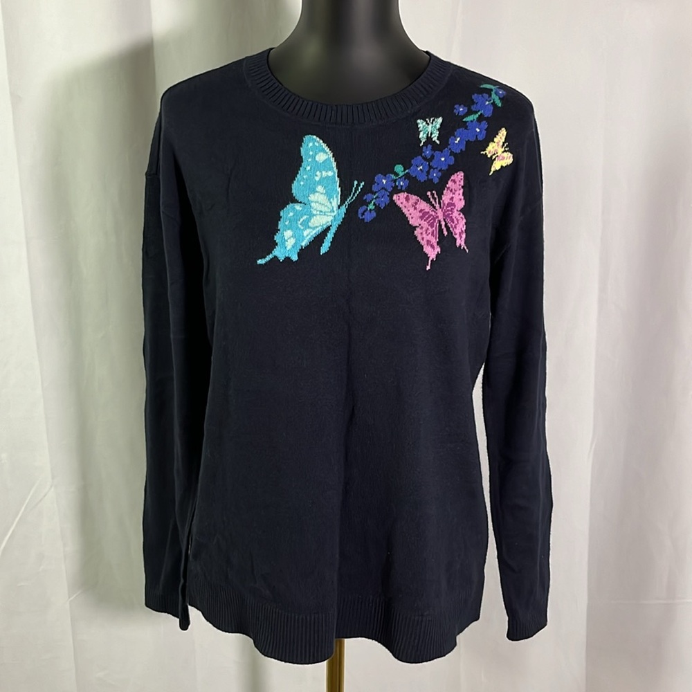 Talbots Navy Floral Butterfly Accent Crew Neck Long Sleeve Sweater